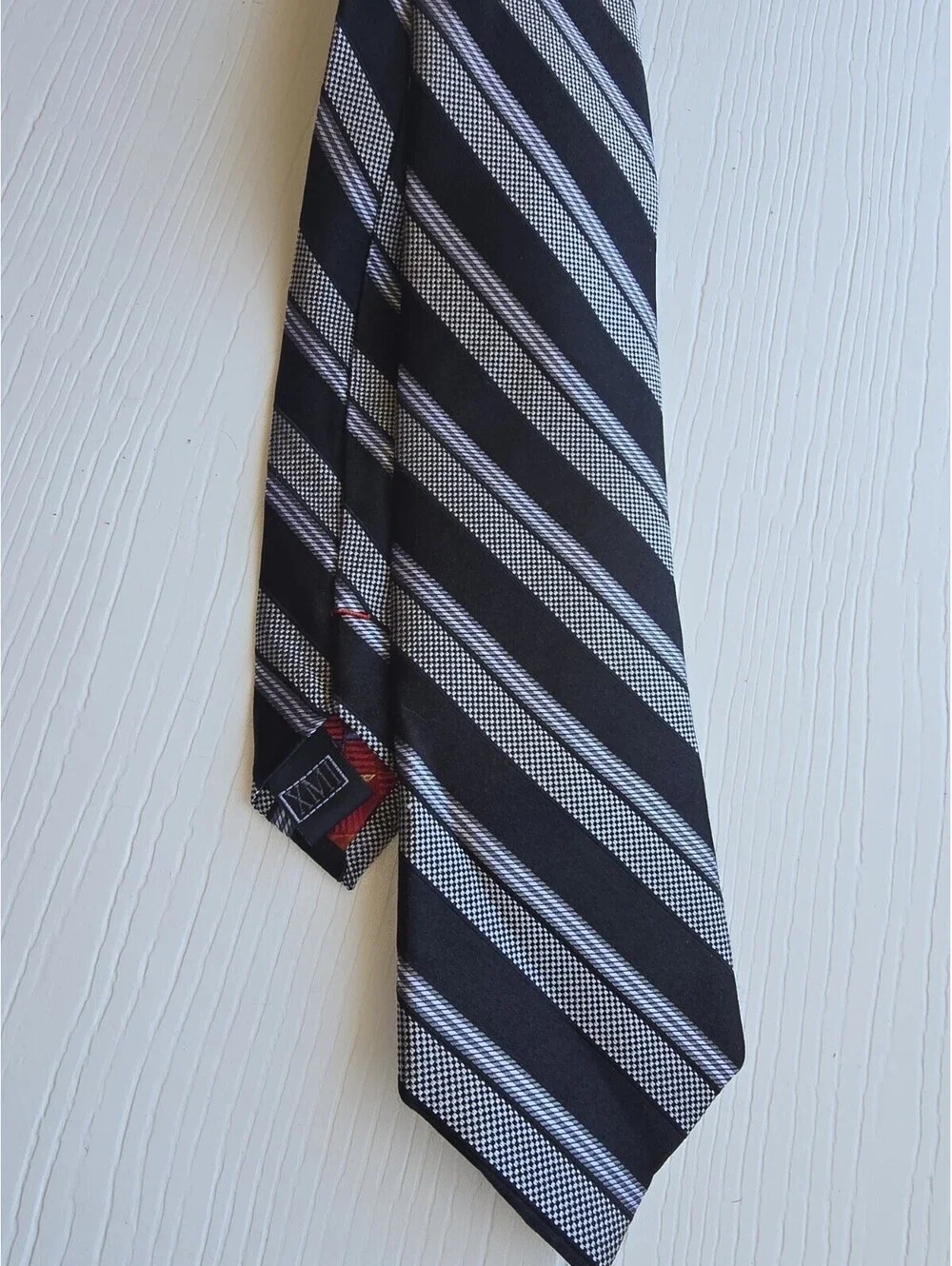XMI Platinum Black Silver Striped 100% Silk Roffe Men's Necktie